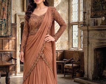 Sari listo para usar, sari predrapeado para mujer, sari de diseñador con volantes, sari para fiestas, sari para invitadas de boda, ropa étnica india, lujo