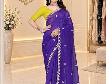 Purple Saree with Yellow Blouse, Indian Designer Saree, Embroidered Saree, Traditional Ethnic Wear, Festive Wedding Party Outfit
