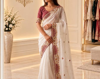 White Embroidered Saree, Designer Indian Saree, White Chiffon Saree, Maroon Gold Border Saree, Festive Wedding Saree,Traditional Ethnic Wear