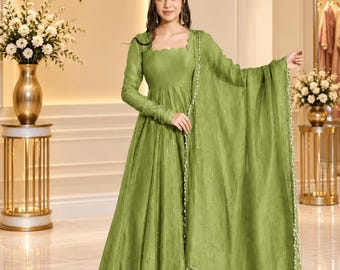 Green Anarkali Suit Set, Indian Anarkali Dress, Embroidered Salwar Kameez, Chanderi Style Ethnic Wear, Festive Wedding Party Outfit