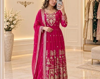 Pink Anarkali Suit, Embroidered Indian Anarkali Dress, Pakistani Salwar Kameez, Festive Ethnic Wear, Wedding Party Dress with Dupatta