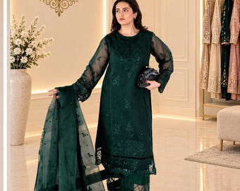 Dark Green Pakistani Suit, Embroidered Salwar Kameez, Green Chiffon Dupatta, Traditional Indian Ethnic Wear, Wedding Party Outfit