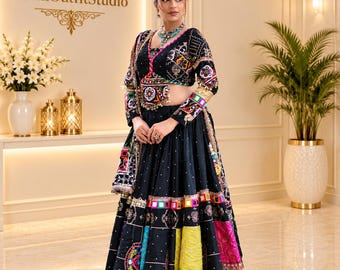 Black Gujarati Lehenga Choli, Kutch Embroidered Ghagra Set, Boho Indian Garba Outfit, Mirror Work Navratri Wear, Ethnic Festival Dress
