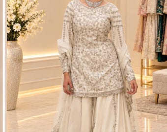 Ivory Sharara Suit, White Pakistani Suit, Embroidered Sharara Set, Designer Indian Ethnic Wear, Wedding Party Outfit, Festive Salwar Kameez