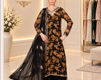 Black Floral Salwar Kameez, Black Pakistani Suit, Orange Floral Embroidery, Designer Indian Ethnic Wear, Party Wedding Outfit, Dupatta Set