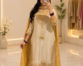 Cream Mustard Salwar Suit, Embroidered Punjabi Suit, Indian Ethnic Wear, Festive Outfit, Wedding Guest Dress, Traditional Suit Set