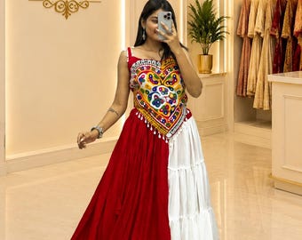 Red White Lehenga Choli For Women, Colorful Mirror Work Garba Outfit, Traditional Indian Ethnic Wear, Navratri Lehenga, Festival Party Dress