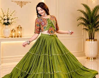 Olive Green Lehenga Choli, Boho Indian Skirt Set, Embroidered Crop Top, Traditional Gujarati Outfit, Garba Navratri Festive Wear