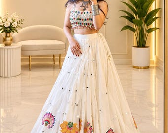 White Lehenga Choli Set, Multicolor Mirror Work Crop Top, Indian Wedding Outfit, Gujarati Chaniya Choli, Festive Wear, Navratri Lehenga
