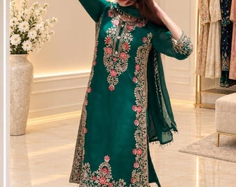 Emerald Green Pakistani Suit, Embroidered Salwar Kameez, Green Anarkali Dress, Floral Ethnic Outfit, Wedding Party Wear