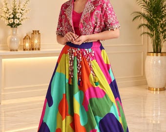 Multicolor Lehenga Choli, Designer Indian Skirt Set, Embroidered Crop Jacket, Colorful Garba Outfit, Navratri Festive Wear