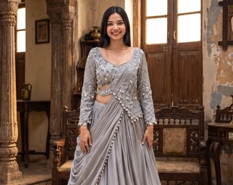 Sari listo para usar, sari predrapeado para mujer, sari de diseñador para fiestas, sari bordado, sari para invitadas de boda, ropa étnica india de lujo