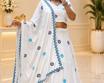 White Blue Lehenga Choli Set, Indian Ethnic Skirt Outfit, Embroidered Dupatta, Modern Garba Wear, Navratri Festive Dress