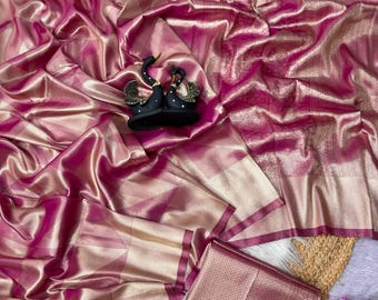 Rose Pink Kanjivaram Silk Saree, Gold Zari Designer Banarasi Saree, Traditional Indian Wedding Saree, Festive Party Wear
