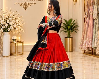 Schwarzes und rotes Garba Chaniya Choli für Damen, Gujarati Navratri Lehenga, Kutch-Stickerei, ethnische Kleidung, Dandiya-Outfit, festliches Hochzeitskleid