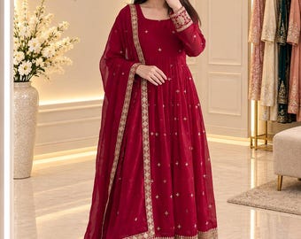 Maroon Anarkali Dress, Burgundy Indian Anarkali Suit, Embroidered Ethnic Wear, Traditional Indian Dress, Wedding Party Outfit, Dupatta Set