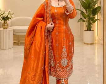 Orange Embroidered Salwar Kameez Set, Indian Traditional Suit, Festive Wear, Pakistani Style Kurta, Wedding Guest Outfit, Ethnic Clothing