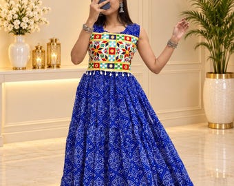 Blue Bandhani Lehenga Choli, Multicolor Embroidered Blouse, Indian Garba Outfit, Gujarati Chaniya Choli, Navratri Festive Wear