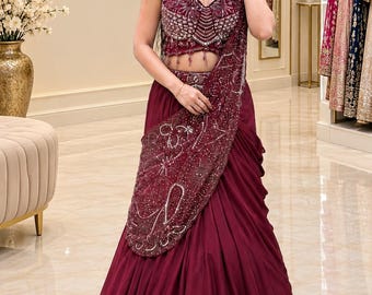 Maroon Lehenga Choli Set, Bandhani Embroidered Lehenga, Indian Wedding Outfit, Bridal Party Wear, Designer Ethnic Dress, Festive Wear