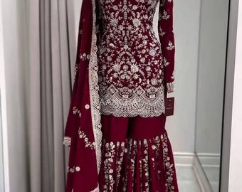 Conjunto de Lehenga Choli de novia color granate, Lehenga de boda bordada, Traje de novia indio, Vestido de recepción, Lehenga de fiesta festiva con Dupatta
