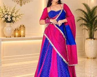 Pink Blue Bandhani Saree, Indian Traditional Saree, Designer Lehenga Style Saree, Gujarati Festive Wear, Navratri Outfit
