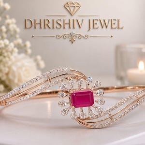 Emerald Cut Ruby Bypass Bracelet, Rose Gold Sunburst Halo Bangle, Vintage Pink Sapphire Floral Cuff, Diamond Split Shank Bracelet