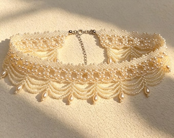 Victorian Pearl Lace Wedding Choker, Handwoven Bridal Necklace, Sterling Silver Clasp