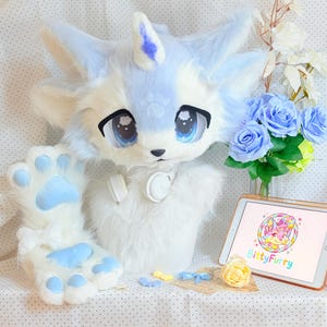 Custom Fantasy Unicorn Fursuit Head, Blue White Wolf Fox Kemono Furry Mask, Kawaii Gamer Cosplay Costume Headgear
