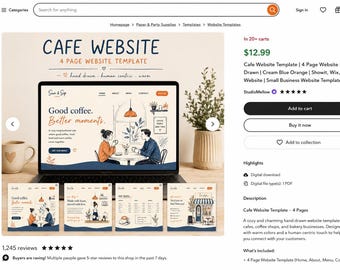 Plantilla web de cafetería dibujada a mano / 4 páginas, crema, azul y naranja (descarga digital)