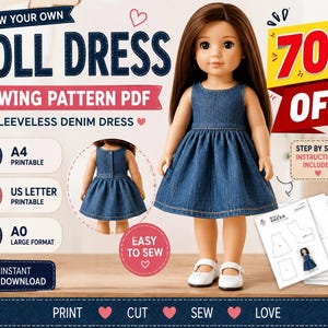 Puede incluir: Una muñeca con un vestido de mezclilla sin mangas con falda fruncida y zapatos blancos. La imagen incluye el texto: SEW YOUR OWN DOLL DRESS SEWING PATTERN PDF, 70% OFF, SLEEVELESS DENIM DRESS, A4, US LETTER, A0, INSTANT DOWNLOAD, PRINT, CUT, SEW, LOVE.