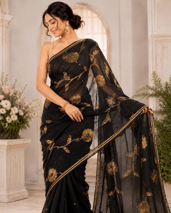 Black Chiffon Saree with Blouse, Bollywood Style Handwork Sari, Lightweight Indian Wedding Guest Wear, Summer Party Wear Ethnic Gift