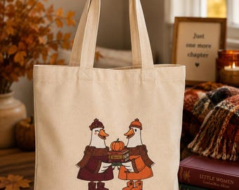 Autumn Goose Tote Bag, Fall Into Books Tote, Book Lover Gift for Readers, Bookish Tote Bag, Reading Aesthetic Canvas Bag, Fall Library Tote
