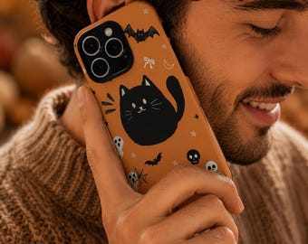 Coque pour portable Halloween chat noir | Étui de protection effrayant pour chat avec des chauves-souris et des crânes