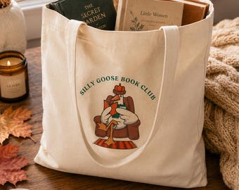 Goose Book Club Tote Bag, Cute Book Lover Tote, Reading Goose Canvas Bag, Fall Bookish Tote, Library Book Club Gift, Autumn Reader Bag