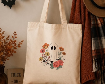 Bolso tote con estampado de fantasmas y flores silvestres / Bolso de lona vintage de Halloween con diseño de fantasmas y flores silvestres.