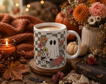 Taza con estampado de fantasmas y flores / Taza de café vintage de Halloween / Taza de cerámica con diseño de fantasmas / Taza de café de otoño
