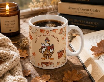 Taza "Solo un capítulo más", taza de café para amantes de los libros, taza acogedora para leer, taza de ganso otoñal, regalo para ratones de biblioteca, taza de té otoñal para amantes de los libros