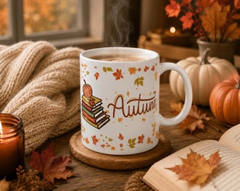Herbst Buch Becher | Gemütliche Lesekaffeetasse, Herbstlaub Kürbis aus Keramik