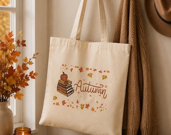 Stack of Books Tote Bag | Cozy Reading Canvas Tote | Book Lover Autumn Gift
