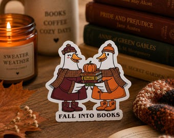 Fall in Bücher Aufkleber, Herbst Gans Aufkleber, Buchliebhaber Aufkleber, Paar lesen Niedlicher Gestanzter Aufkleber, Bibliothek Aufkleber, Leser Geschenk