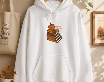 Kürbis Stapel Bücher Hoodie | Herbstbuch Liebhaber Hoodie, gemütliches Lese Sweatshirt, Herbst Pullover