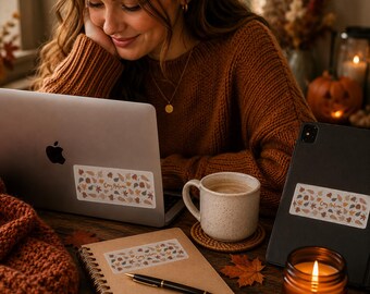 Pegatina troquelada con diseño de hojas otoñales acogedoras / Vinilo decorativo con estética otoñal, ideal para portátiles y agendas.