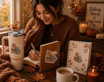 Bookish Autumn Books Kiss-Cut Sticker | Pumpkin Book Stack Vinyl Decal, Cozy Fall Reading Sticker