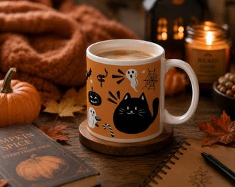 à motif d'Halloween | citrouille fantôme de chat noir | Tasse à café d'automne effrayante | Mug en céramique d'automne