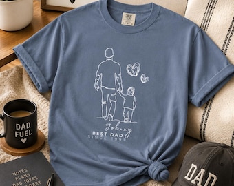 Personalisiertes Vater-T-Shirt, Vater-Kind-Line Art Shirt, Namen- & Jahresgeschenk, Vatertagsgeschenk, Komfortfarben