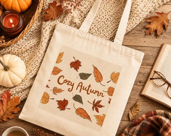 Bolso de mano con estampado de hojas otoñales / Bolso de lona con estampado de hojas de otoño, bolso de mano con estética otoñal.
