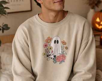 Floral Geist Sweatshirt | Gruseliger Herbst Rundhalsausschnitt | Halloween Pullover | Herbst Geist Liebhaber Geschenk | Gemütlicher Unisex Pullover