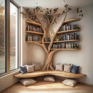 Rustic Tree Branch Floating Corner Shelf with Corner Lshaped Bench Handmade Driftwood bookshelf wall decor & home storage