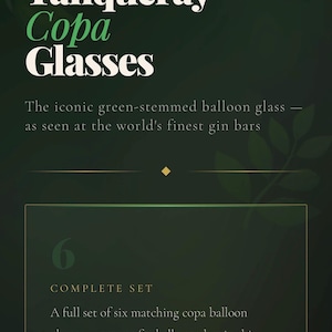 Może przedstawiać: Ciemnozielona grafika reklamująca zestaw sześciu kieliszk&oacute;w Tanqueray Copa. Tekst brzmi "RARE BARWARE - SET OF 6 - COLLECTOR'S CONDITION" i "COMPLETE SET". Kieliszki opisane są jako kultowe kieliszki balonowe z zieloną n&oacute;żką.