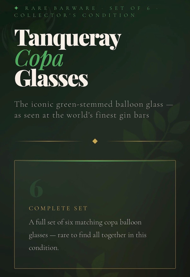Może przedstawiać: Ciemnozielona grafika reklamująca zestaw sześciu kieliszk&oacute;w Tanqueray Copa. Tekst brzmi "RARE BARWARE - SET OF 6 - COLLECTOR'S CONDITION" i "COMPLETE SET". Kieliszki opisane są jako kultowe kieliszki balonowe z zieloną n&oacute;żką.